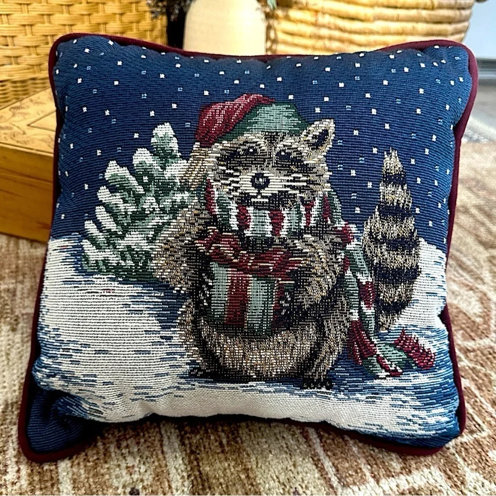 Vintage Tapestry Winter Raccoon Pillow Christmas Festive Holiday Throw Pillow